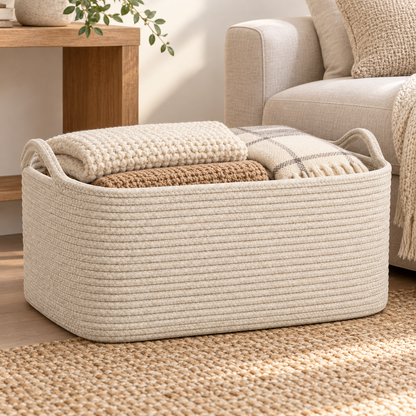 Healthyaus Large Beige Woven Storage Basket with Dual Handle Design