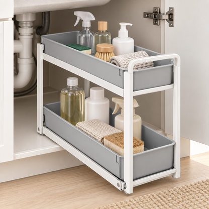 Healthyaus White Two-Tier Under-Sink Sliding Organizer with Gray Pull-Out Trays