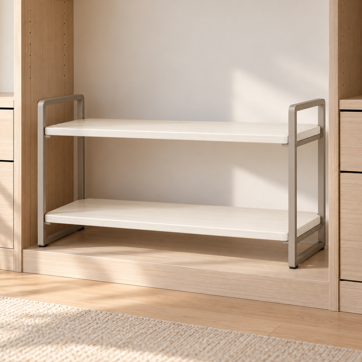 Healthyaus Two-Tier Closet Storage Shelf with Light Wood-Look Panels