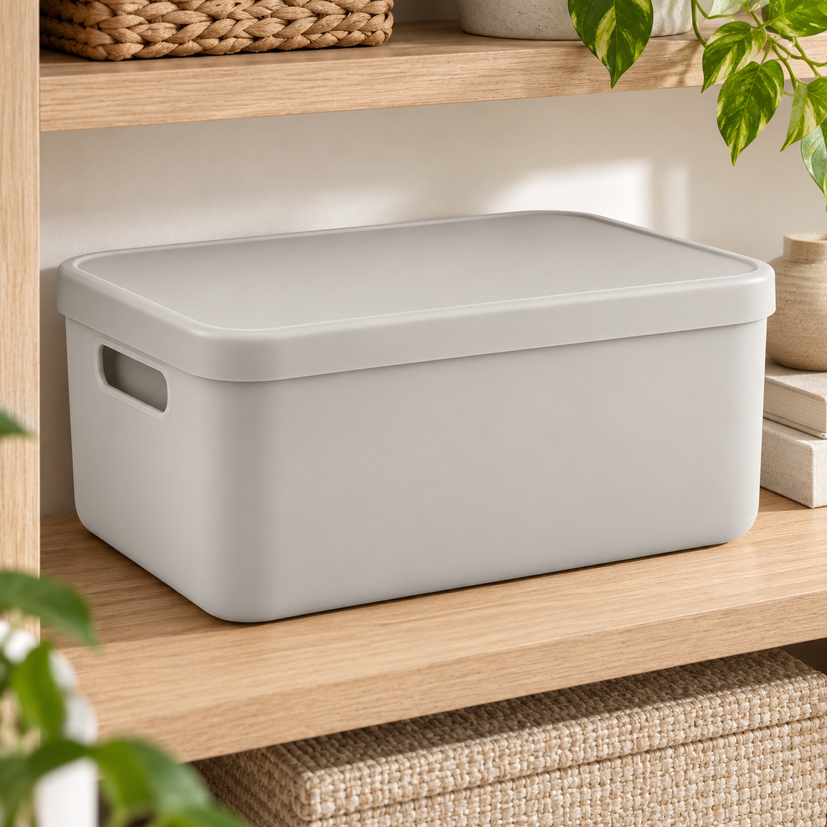 Healthyaus Light Gray Lidded Storage Box with Side Handle Cutout