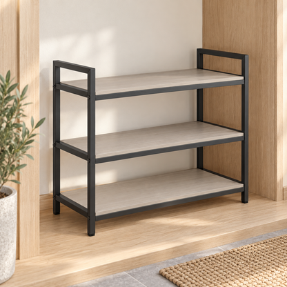 Healthyaus Three-Tier Open Shoe Rack with Light Wood-Look Shelves and Dark Frame