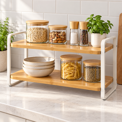 Healthyaus Two-Tier Bamboo-Look Countertop Storage Rack with Warm White Side Frame