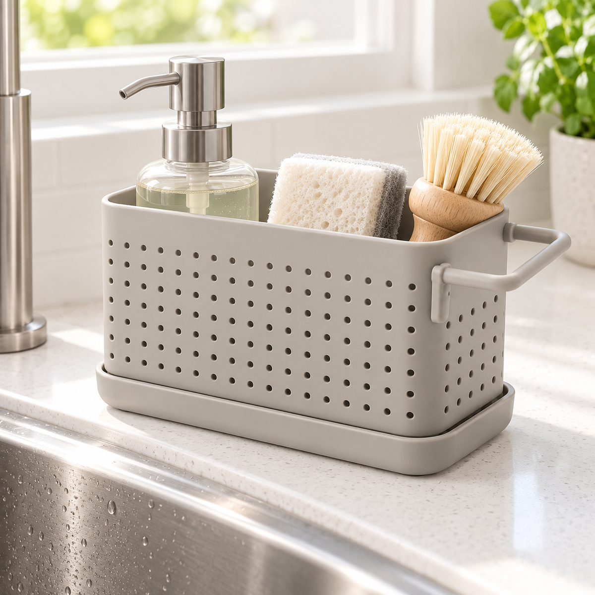Healthyaus Light Gray Perforated Sink Organizer with Side Handle and Base Tray