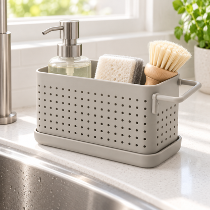 Healthyaus Light Gray Perforated Sink Organizer with Side Handle and Base Tray