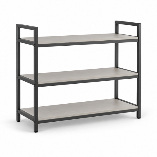 Healthyaus Three-Tier Open Shoe Rack with Light Wood-Look Shelves and Dark Frame