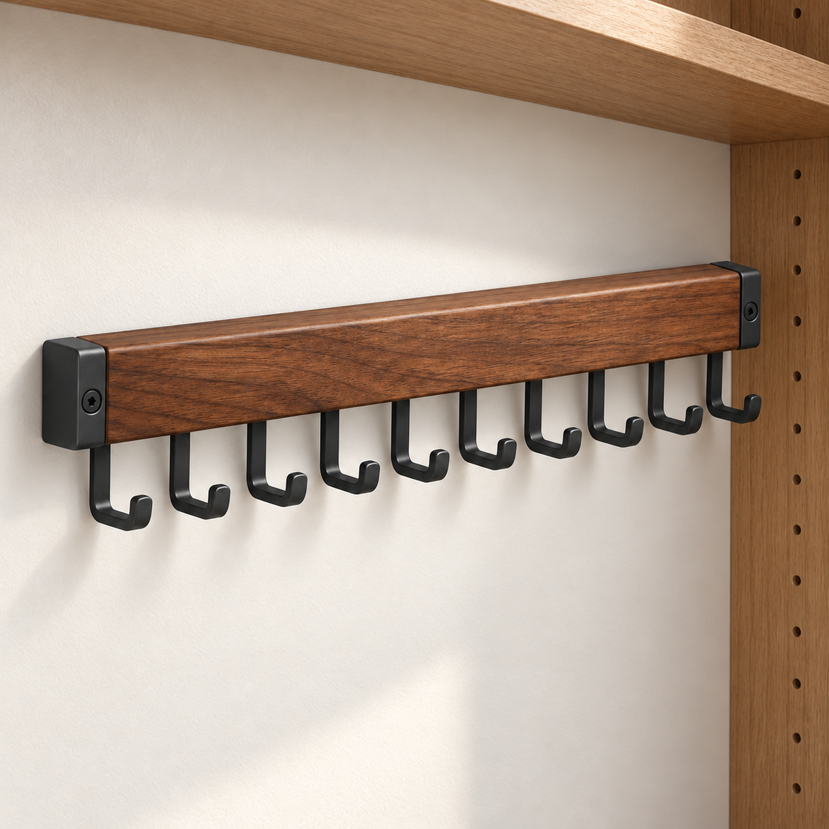 Healthyaus Walnut Wood-Look Wall-Mounted Coat Rack with Ten Black Hooks