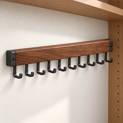 Healthyaus Walnut Wood-Look Wall-Mounted Coat Rack with Ten Black Hooks