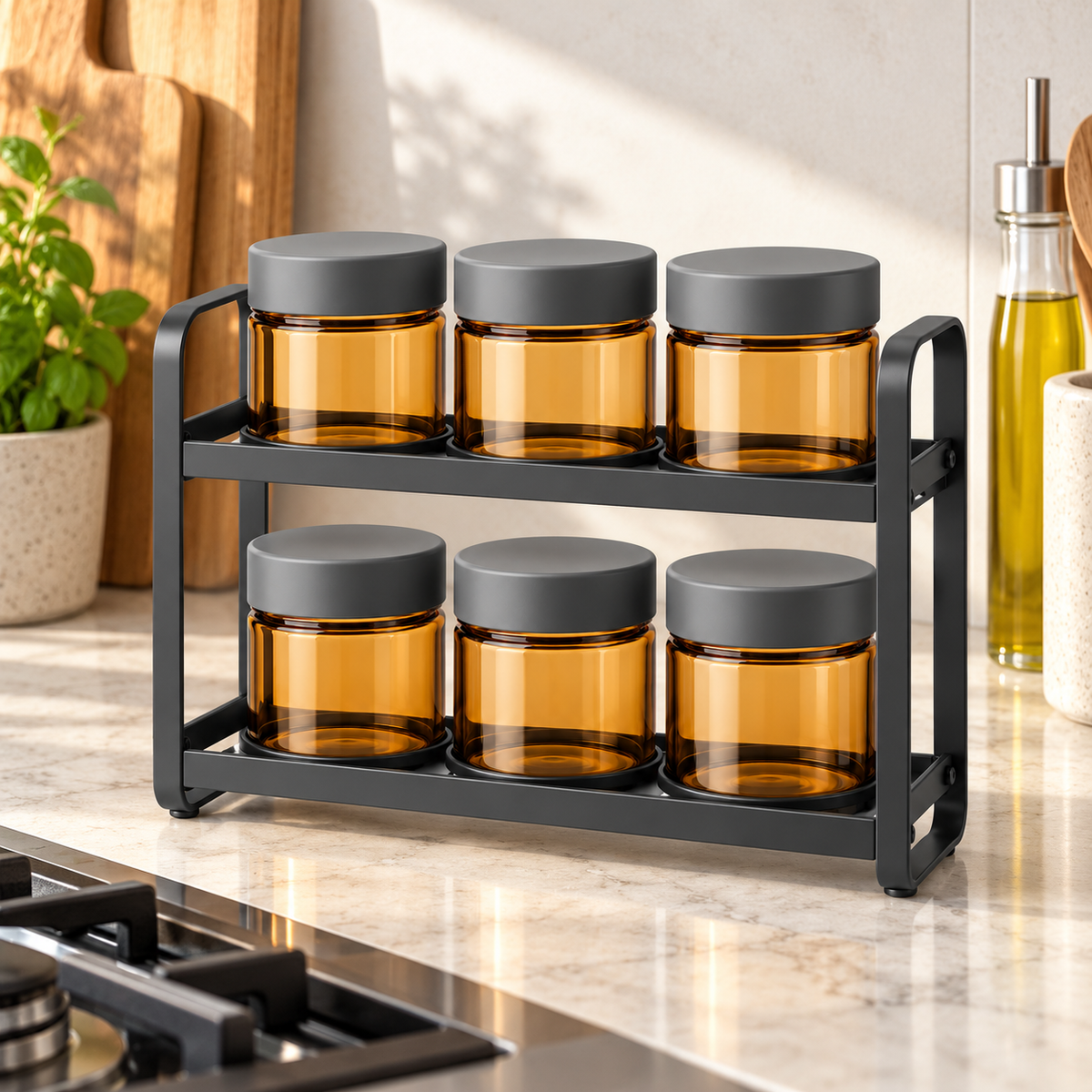 Healthyaus Two-Tier Spice Jar Rack with Six Amber Storage Canisters