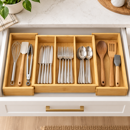 Healthyaus Expandable Bamboo-Look Cutlery Tray with Multi-Compartment Design