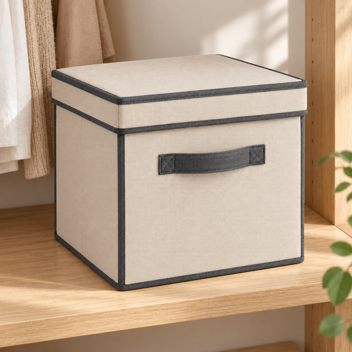 Healthyaus Beige Fabric-Look Storage Box with Lid and Front Handle