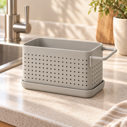 Healthyaus Light Gray Perforated Sink Organizer with Side Handle and Base Tray