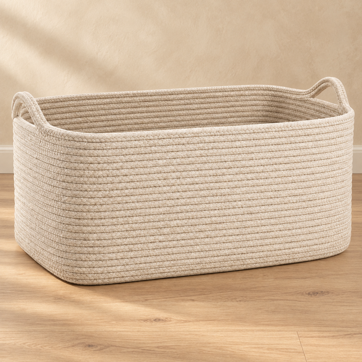 Healthyaus Large Beige Woven Storage Basket with Dual Handle Design