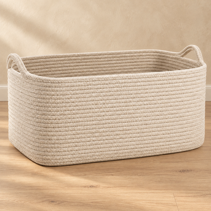 Healthyaus Large Beige Woven Storage Basket with Dual Handle Design