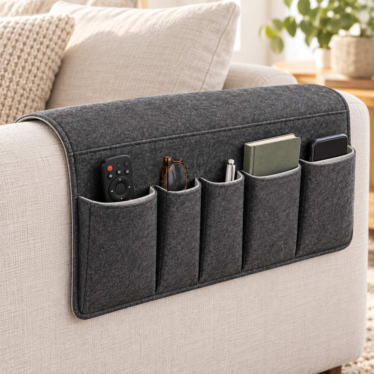 Healthyaus Dark Gray Sofa Arm Organizer with Five Front Storage Pockets