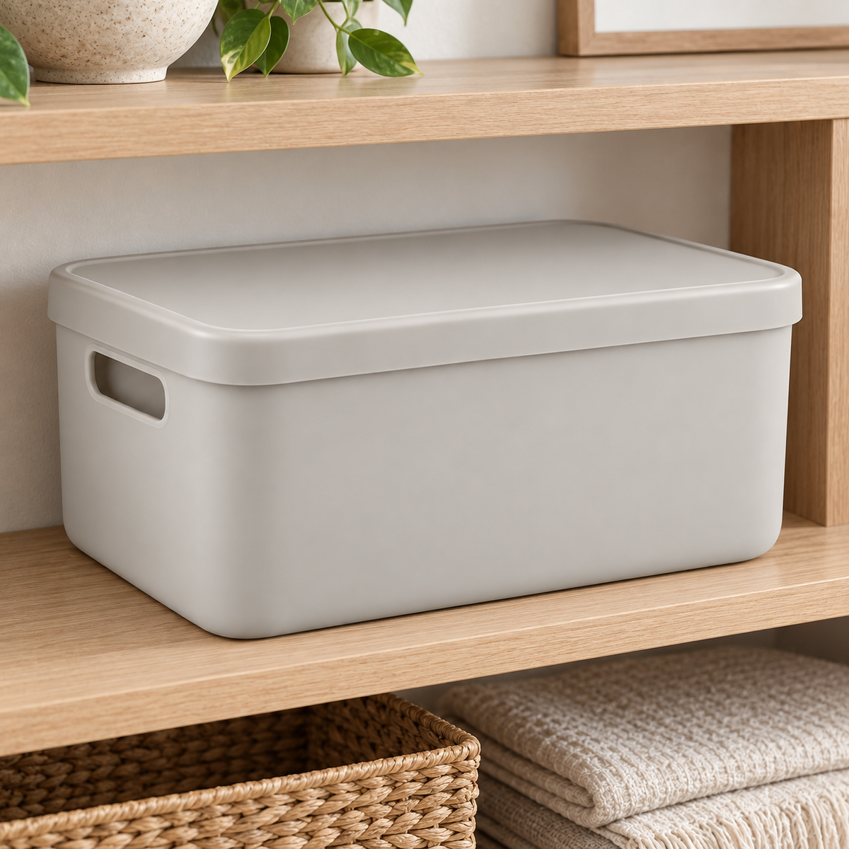 Healthyaus Light Gray Lidded Storage Box with Side Handle Cutout